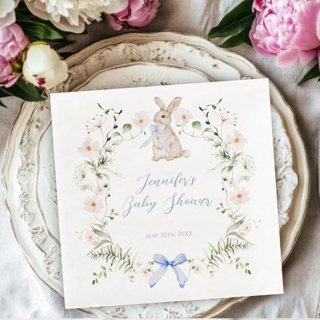 Sweet Meadow Bunny Wildflowers Bow Baby Shower Paper Dinner Napkins (Creator Uploaded)