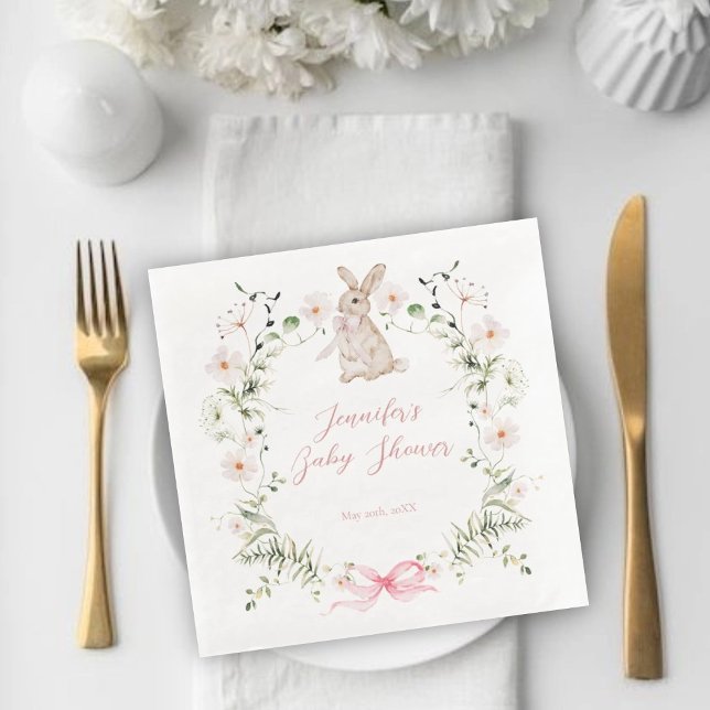 Sweet Meadow Bunny Wildflowers Bow Baby Shower Paper Dinner Napkins (Creator Uploaded)