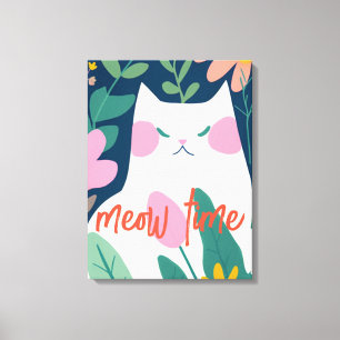 "Sweet Meow Time" Abstract White Cat Canvas Print