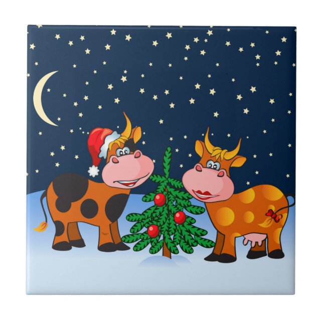 Sweet Merry Christmas Cow Couple By Christmas Tree Ceramic Tile (Front)