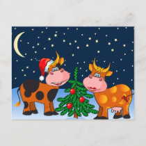 Sweet Merry Christmas Cow Couple By Christmas Tree Holiday Postcard