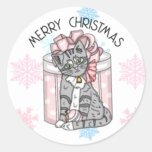 Sweet Merry Christmas Gray Kitten Pink Present  Classic Round Sticker