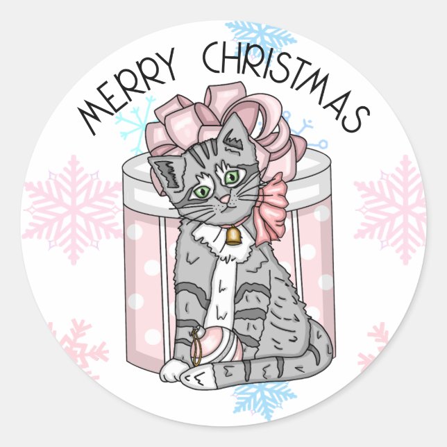 Sweet Merry Christmas Gray Kitten Pink Present  Classic Round Sticker (Front)