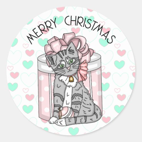 Sweet Merry Christmas Gray Kitten Pink Presents Classic Round Sticker