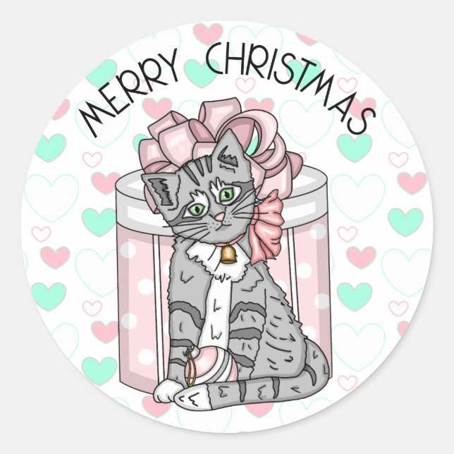 Sweet Merry Christmas Gray Kitten Pink Presents Classic Round Sticker (Front)
