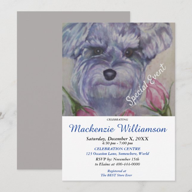 SWEET MINI SCHNAUZER PUPPY WISHES HAPPY BIRTHDAY INVITATION (Front/Back)