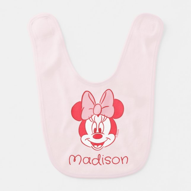 Sweet Minnie Mouse Bow Face Line Art Baby Bib (Front)