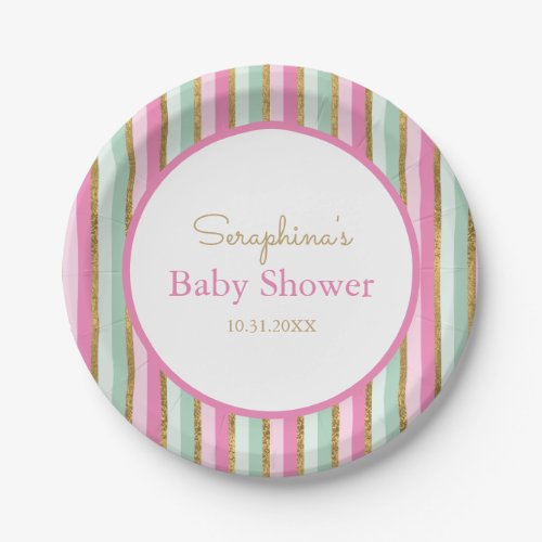 Sweet Mint Green Pink And Gold Stripes Baby Shower Paper Plates