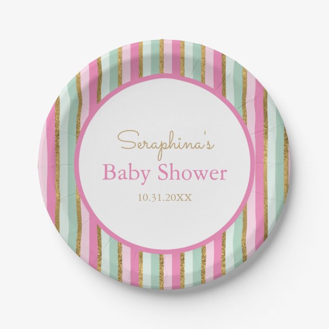 Sweet Mint Green Pink And Gold Stripes Baby Shower Paper Plates (Front)