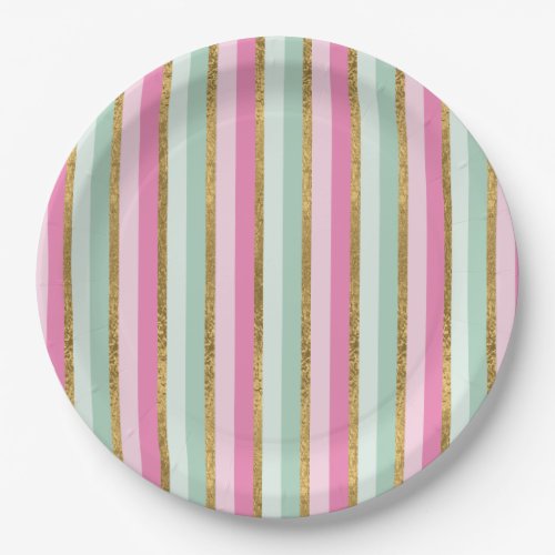 Sweet Mint Green Pink And Gold Stripes Paper Plates