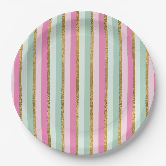 Sweet Mint Green Pink And Gold Stripes Paper Plates (Front)