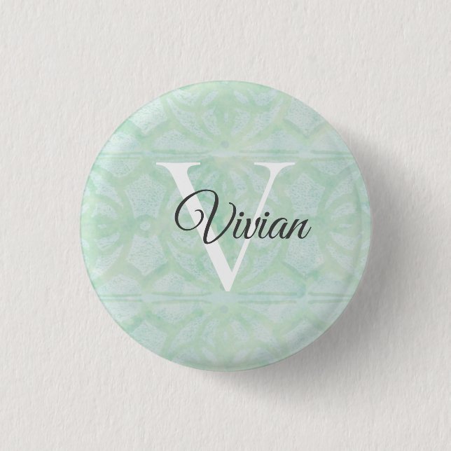 Sweet Mint Green Watercolor Monogram Name Button (Front)