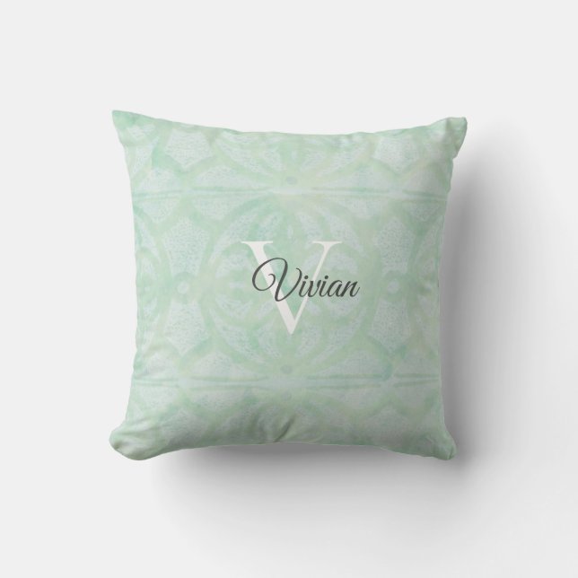 Sweet Mint Green Watercolor Monogram Name Throw Pillow (Front)