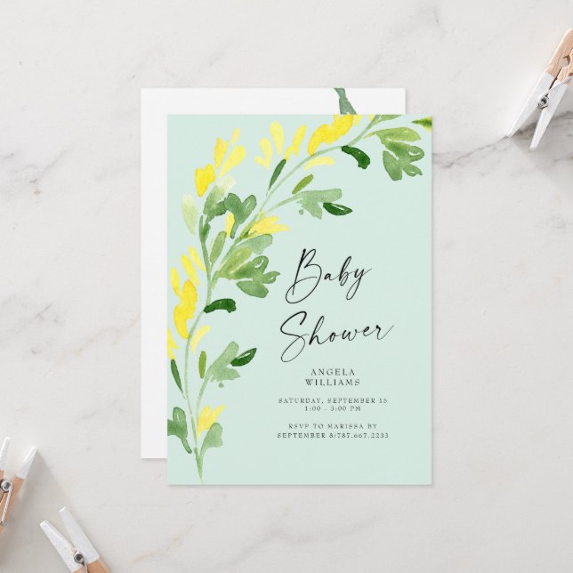 Sweet Mint Yellow Wildflowers Baby Shower Invitation (Front/Back In Situ)