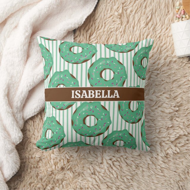 Sweet Minty Green Donut Throw Pillow (Blanket)