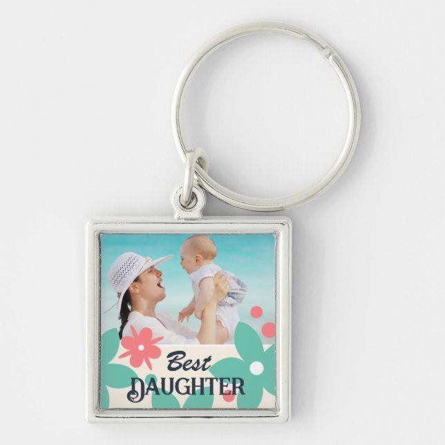 Sweet Modern Floral Best Daughter Photo Keychain (Front)