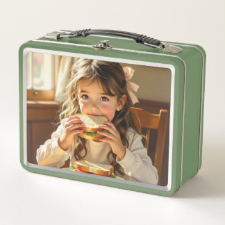 Sweet Modest Design Girl Eating a Sandwich Metal Lunch Box