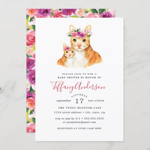 Sweet Mom And Baby Cat Floral Baby Shower Invitation