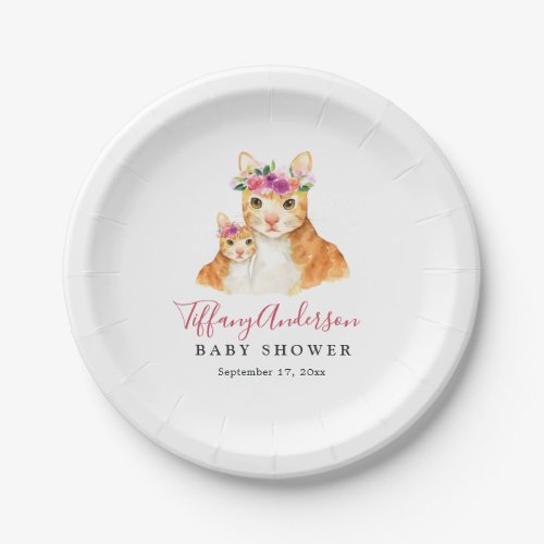 Sweet Mom And Baby Cat Floral Baby Shower Plate