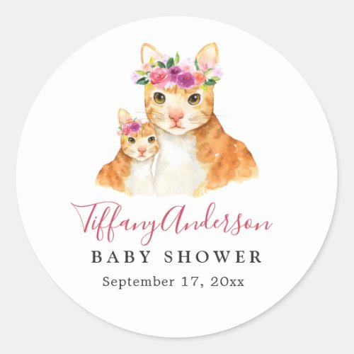 Sweet Mom And Baby Cat Floral Baby Shower Sticker