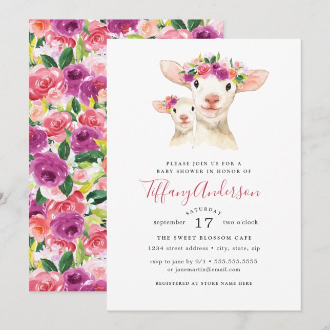 Sweet Mom And Baby Lamb Floral Baby Shower Invitation (Front/Back)