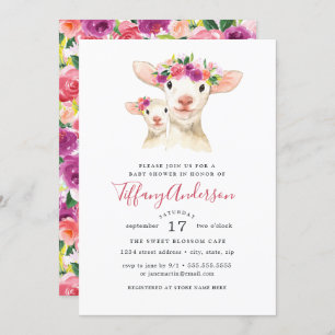 Sweet Mom And Baby Lamb Floral Baby Shower Invitation