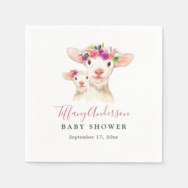 Sweet Mom And Baby Lamb Floral Baby Shower Napkin (Front)