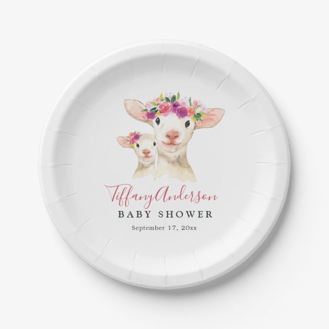Sweet Mom And Baby Lamb Floral Baby Shower Plate (Front)