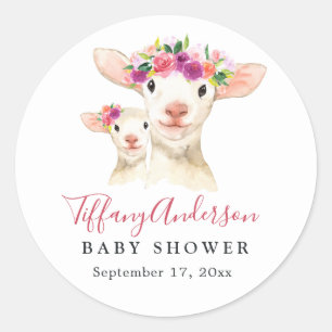 Sweet Mom And Baby Lamb Floral Baby Shower Sticker