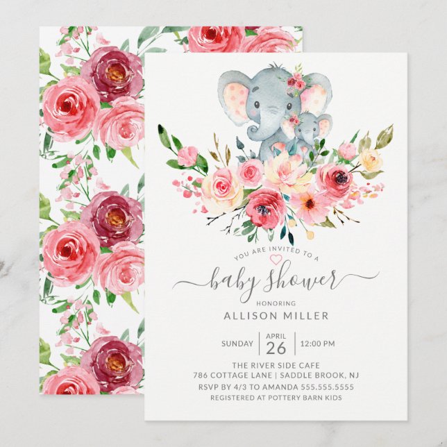 Sweet Mom & Baby Elephant Floral Baby Shower Invitation (Front/Back)