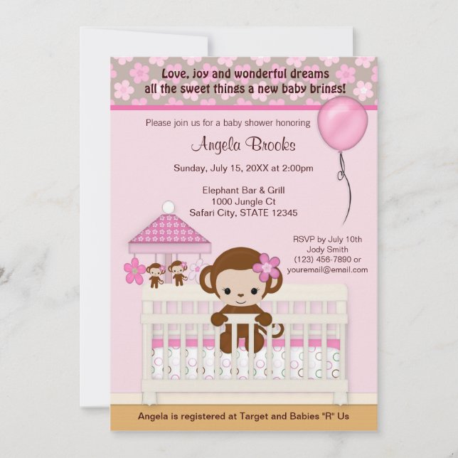 Sweet MONKEY Baby Shower Invitation SM-K pink (Front)