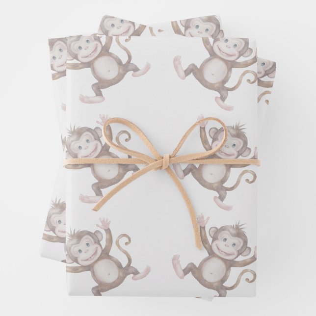 Sweet monkey baby Shower pattern Wrapping Paper Sheets (In situ)