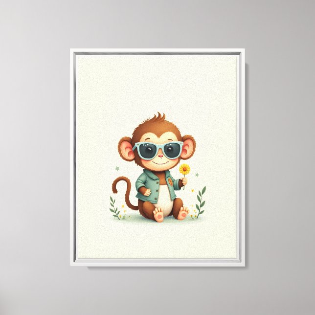 Sweet Monkey Flower Framed Nursery Art Canvas Print (Front)