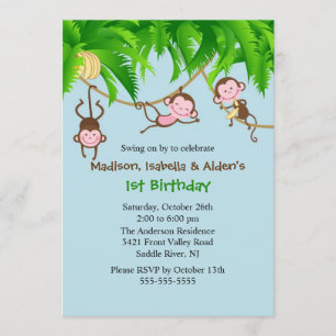 Sweet Monkeys Triplets Birthday Invitation