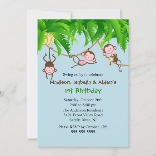 Sweet Monkeys Triplets Birthday Invitation