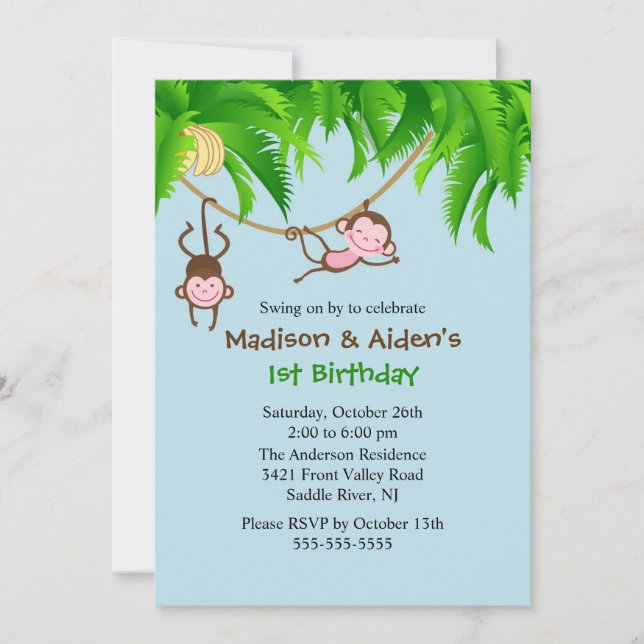 Sweet Monkeys Twins Birthday Invitation (Front)