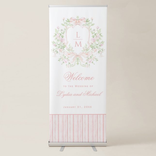 Sweet Monogram Crest with Blush Pink Bows Retractable Banner (Front)