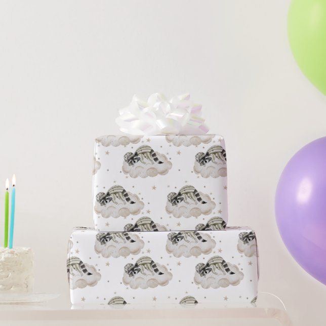 Sweet Moon Dreams Sleepy Raccoon, Clouds, Stars Wrapping Paper (Party Gifts)