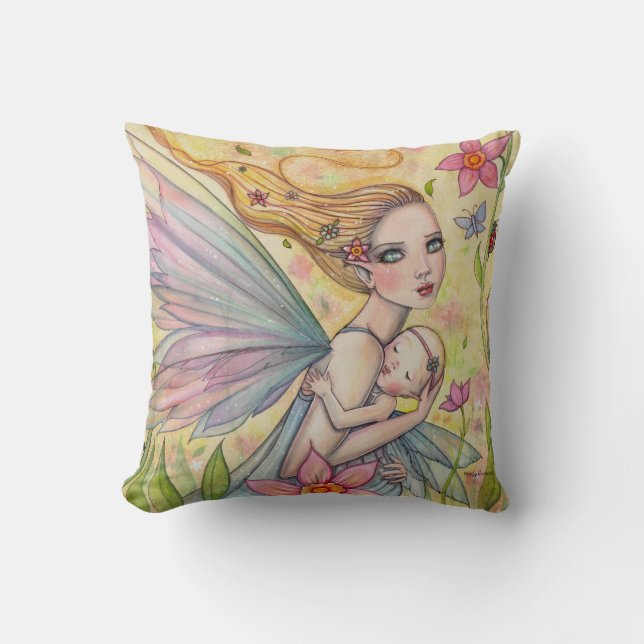 Sweet Mother and Baby Fairy Illustration Throw Pillow (Front)