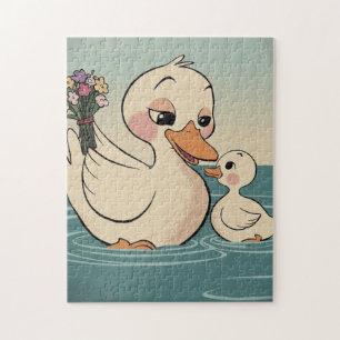 Sweet Mother Duck and Duckling with Flowers  Jigsaw Puzzle