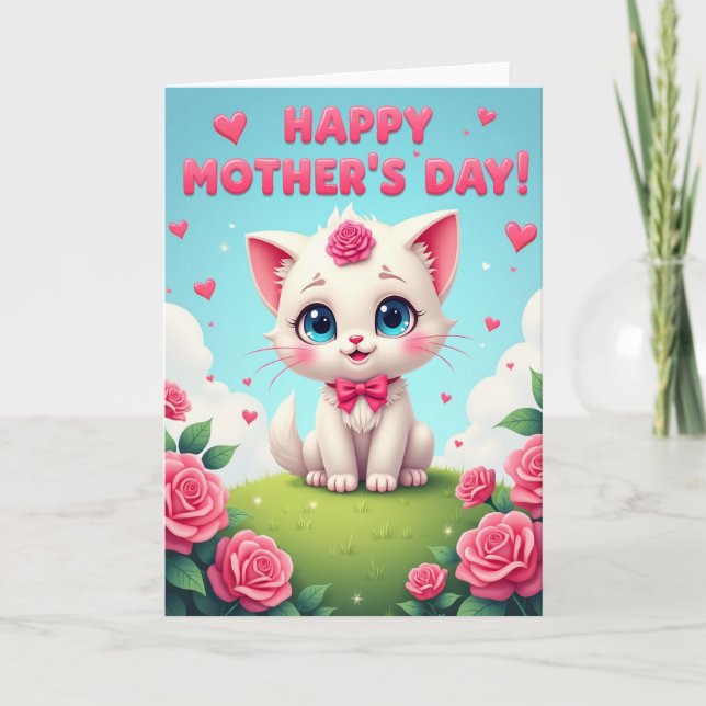 Sweet Mothers Day Cat Rose Card (Front)