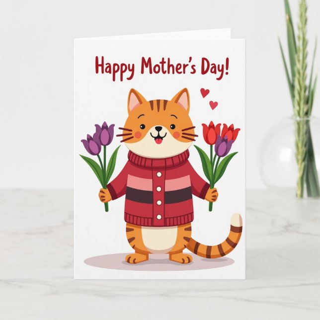 Sweet Mothers Day Cat Tulip Card (Front)