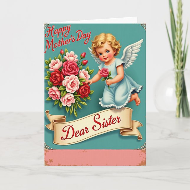 Sweet Mothers Day Cherub Rose Card (Front)