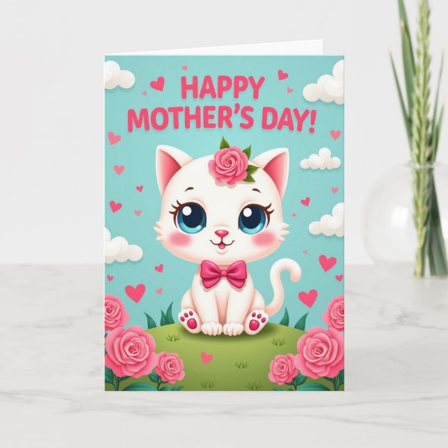 Sweet Mothers Day Feline Rose Card (Front)