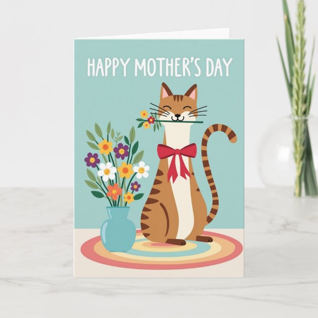 Sweet Mothers Day Flowers Cat Card (Front)