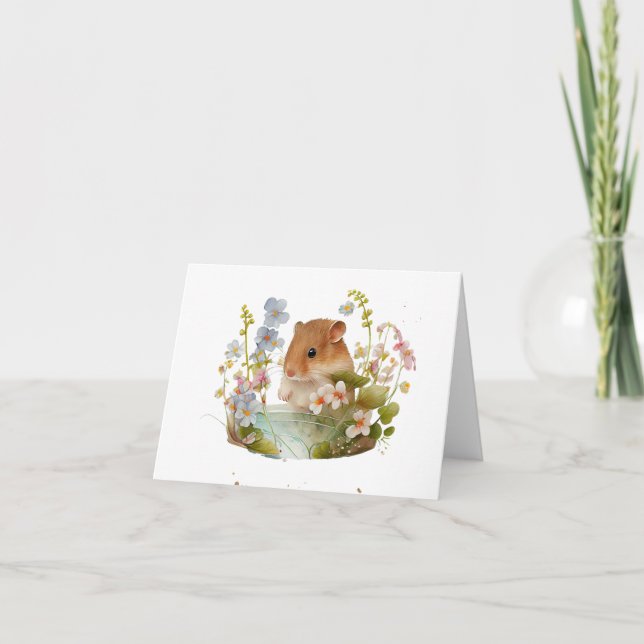 Sweet Mouse Savoring Flowers BLANK  Card (Front)