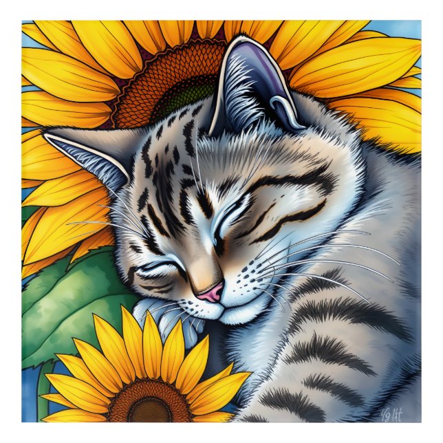 Sweet Napping Gray Cat and Sunflower Acrylic Print (Front)