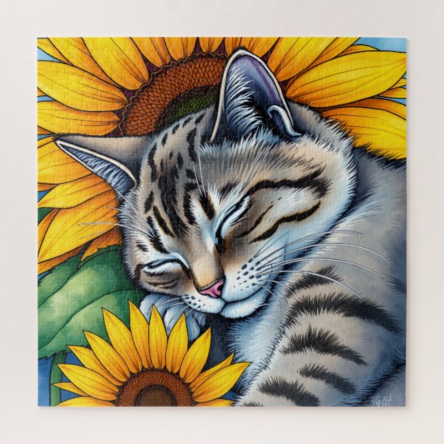 Sweet Napping Gray Cat and Sunflower Jigsaw Puzzle (Vertical)