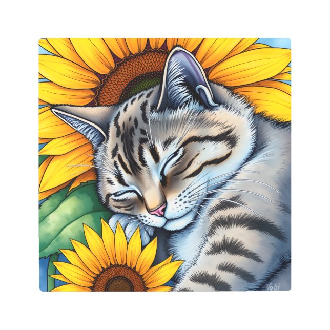 Sweet Napping Gray Cat and Sunflower Metal Print (Front)