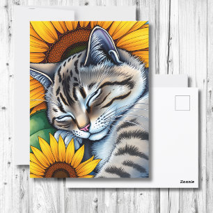 Sweet Napping Gray Cat and Sunflower Postcard